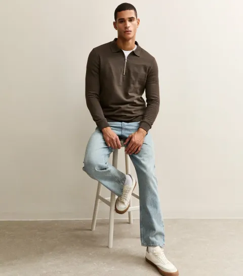 Men's Brown Quarter Zip Polo Sweatshirt