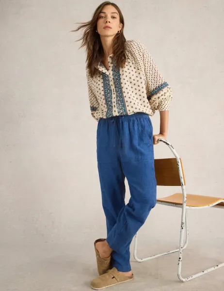 White Stuff Linen Rich Relaxed Ankle Grazer Trousers Blue