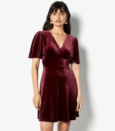 Women's Burgundy Velvet V Neck Empire Mini Dress