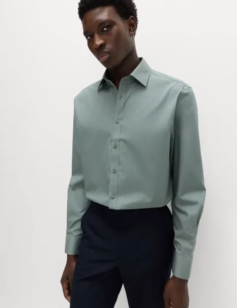 Marks & Spencer Regular Fit Easy Iron Cotton Blend Shirt Dark Sage