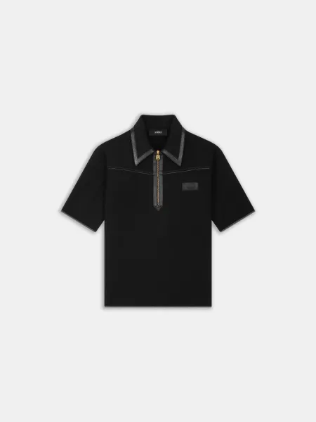 LEATHER TRIM KNIT ZIPPED POLO - Black