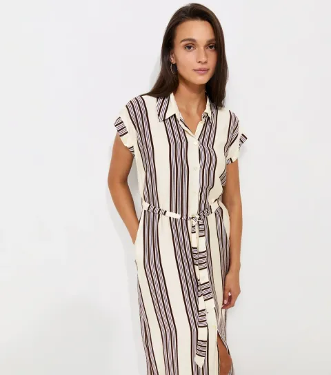 Women's White Striped Short Sleeve Midi Shirt Dress