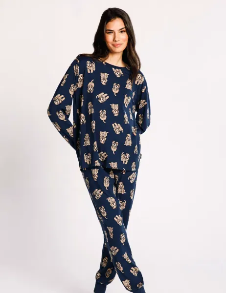 Chelsea Peers Maternity Cockapoo Snooze Print Crew Neck Long Pyjama Set Navy Mix