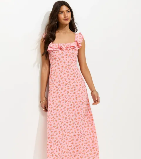 Women's Light Pink Floral Ditsy Scoop Neck Ruffle Midi Dress