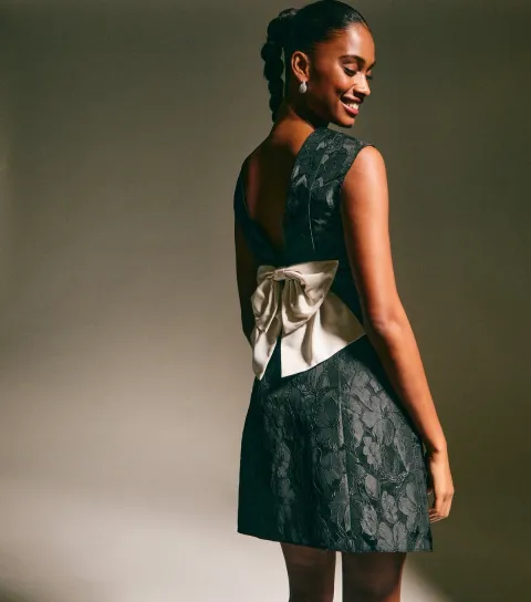 Women's Black Floral Jacquard Bow Mini Dress