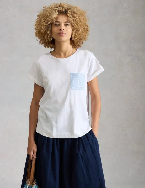 White Stuff Pure Cotton Embroidered T-Shirt White Mix