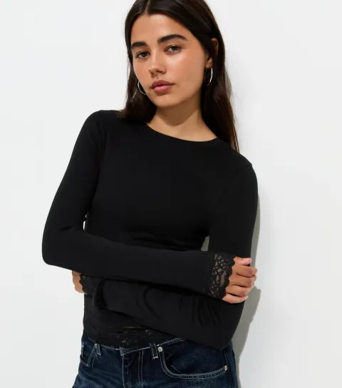 Women's Black Cotton Rich Lace Trim Long Sleeve Crew Neck Top