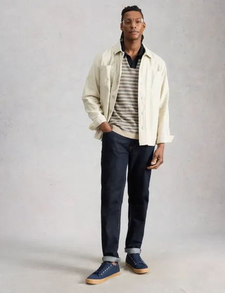 White Stuff Cotton Linen Blend Striped Knitted Polo Shirt Navy Mix