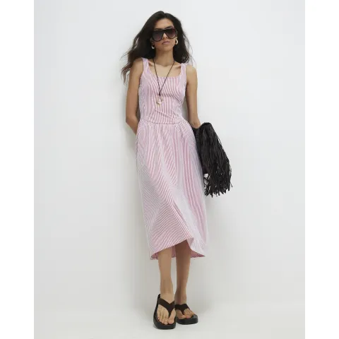 River Island Cotton Blend Textured Stripe Midi Dress