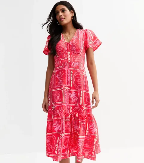 Women's Pink Sea Print Tiered Midi Dress