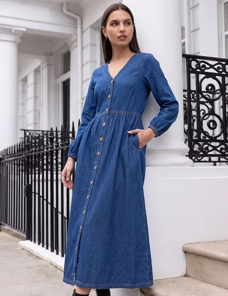 Roman Pure Cotton Denim Button Through Midi Shirt Dress Blue