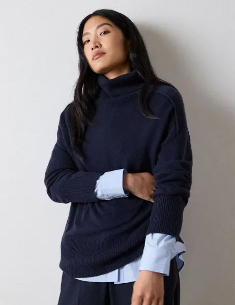 Whistles Pure Cashmere Roll Neck Jumper Dark Navy