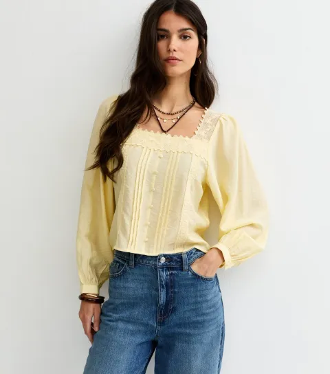 Women's Light Yellow Lace Trim Square Neck Blouse