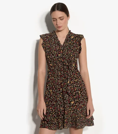 Women's Black Flower Print Ruffle Trim Mini Dress