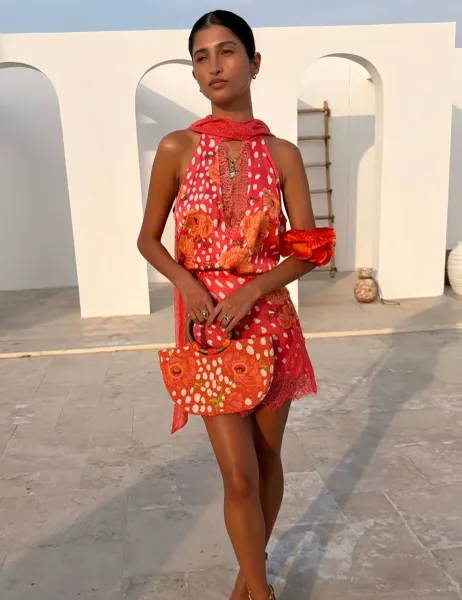 Never Fully Dressed Animal Print Lace Trim Tie Neck Top Orange Mix