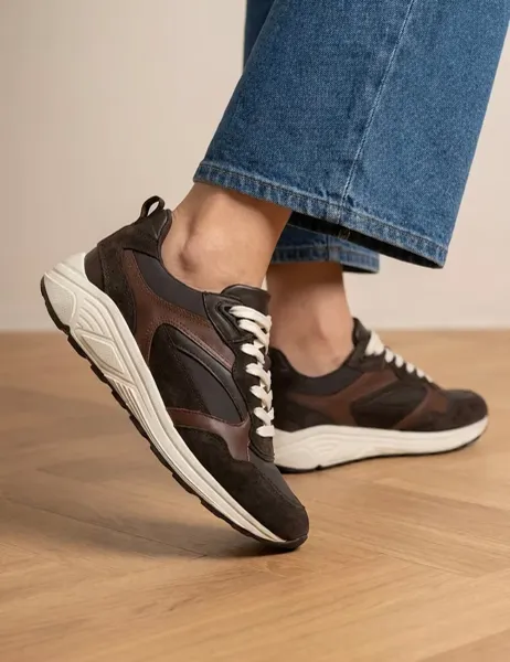 Jones Bootmaker Leather Lace Up Wedge Trainers Chocolate