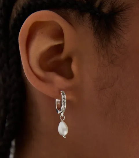 New Look Silver Plated Faux Pearl Diamanté Hoop Earrings