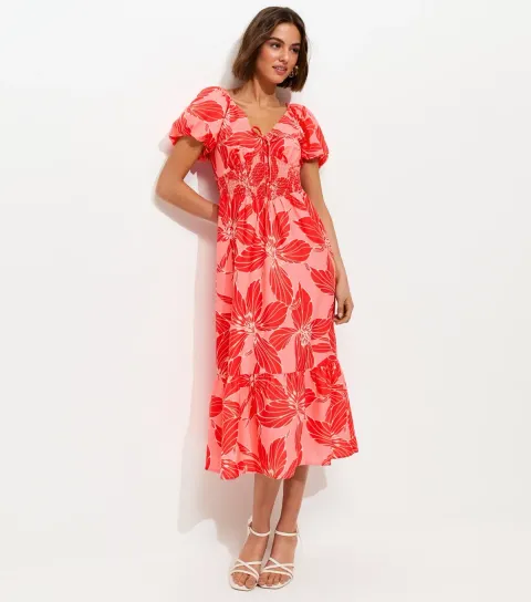 New Look Women's Blue Striped Puff Sleeve Shirred Waist Midi Dress