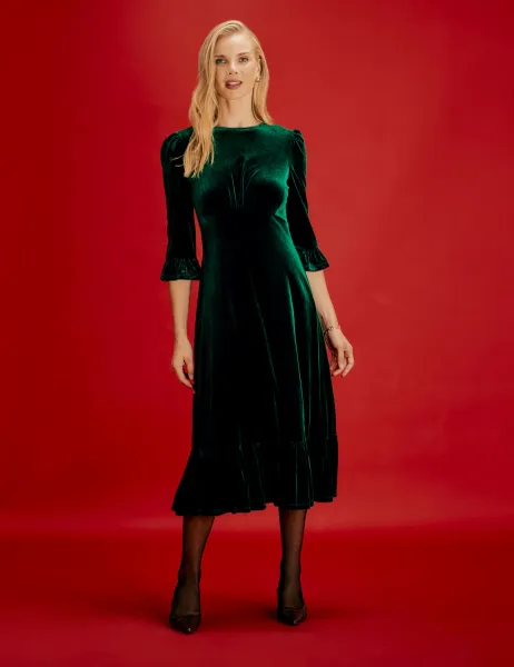 Finery London Velvet Frill Sleeve Midi Tea Dress Green