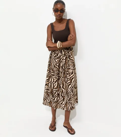 Women's Brown 2 In 1 Zebra Hybrid Midi Dress