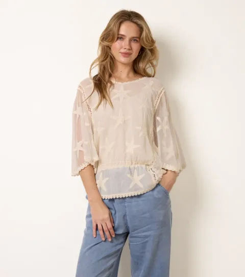 Women's Stone Semi Sheer Starfish Embellished Loose Blouse