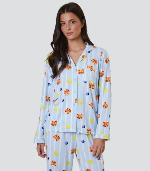 Women's Blue Pancake Print Long Sleeve Top and Trousers Pyjama Set
