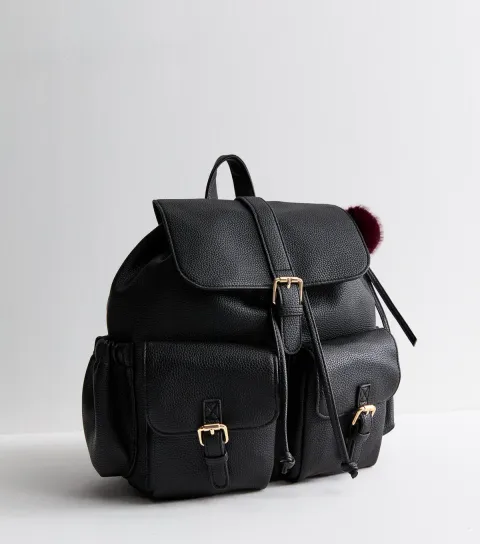 Black Faux Leather Multi-Pocket School Backpack Vegan