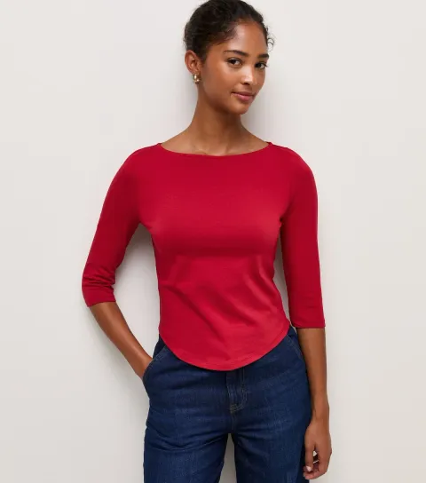 Women's Bright Red Cotton Rich Cropped Sleeve Slash Neck Top