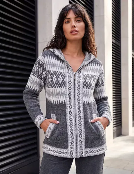 Roman Jacquard Zip Up Hooded Cardigan Grey Mix