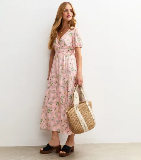 Women's Pink Gingham Check Floral Wrap Midi Dress