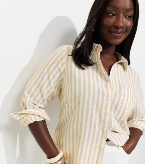 Women's Plus Size Brown Cotton Linen Striped Long Sleeve Shirt Curves