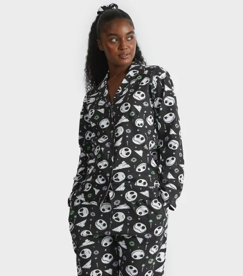 Women's Black Jack Skellington Print Shirt and Trousers Pyjama Set