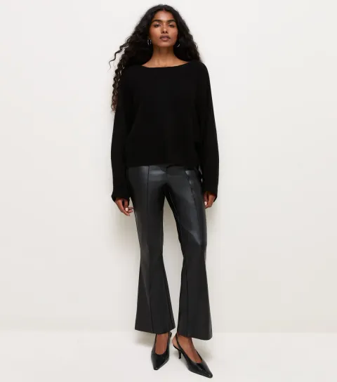 Women's Petite Black Faux Leather Kick Flare Trousers Vegan