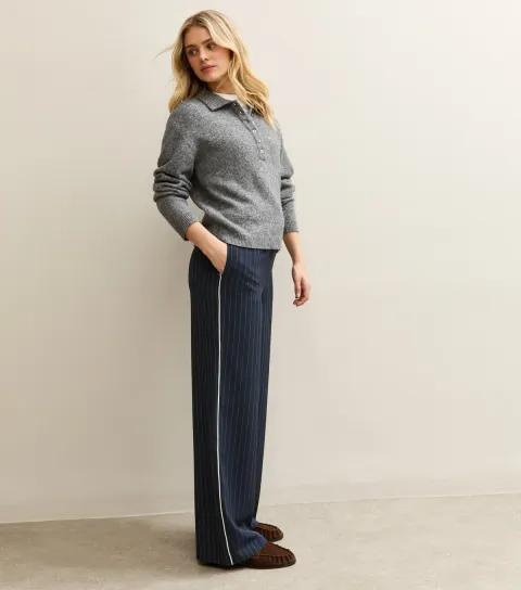 Women's Blue Pinstripe Side Stripe Wide Leg Trousers