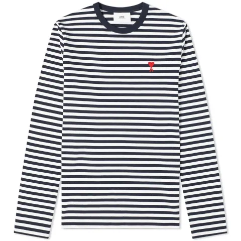 AMI Long Sleeve Heart Patch Stripe Tee