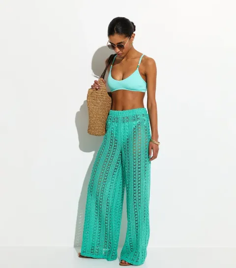 Women's Turquoise Crochet Wide Leg Beach Trousers