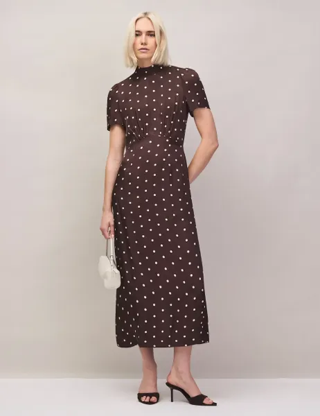 RO&ZO Polka Dot Puff Sleeve Midi Waisted Dress Brown Mix