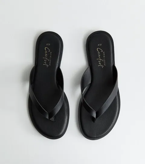 Women's Black Faux Leather Toe Post Sandals Vegan