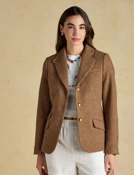 Joules Wool Blend Tweed Herringbone Blazer Brown Mix