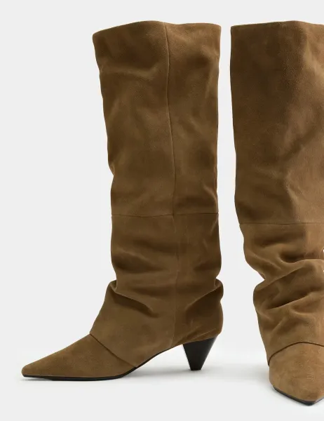Marks & Spencer Suede Slouchy Kitten Heel Knee High Boots Khaki
