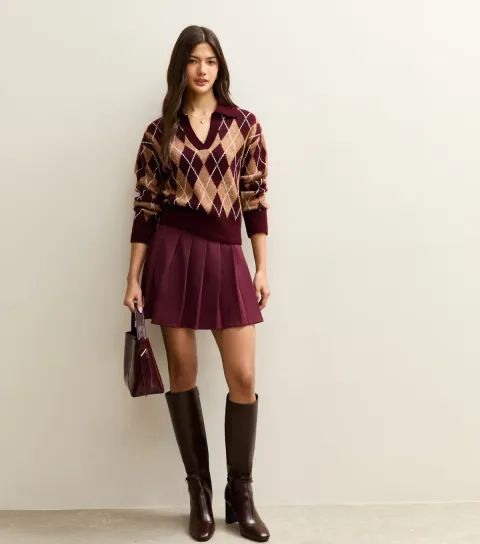 Women's Dark Burgundy Pleated Crepe Mini Skirt