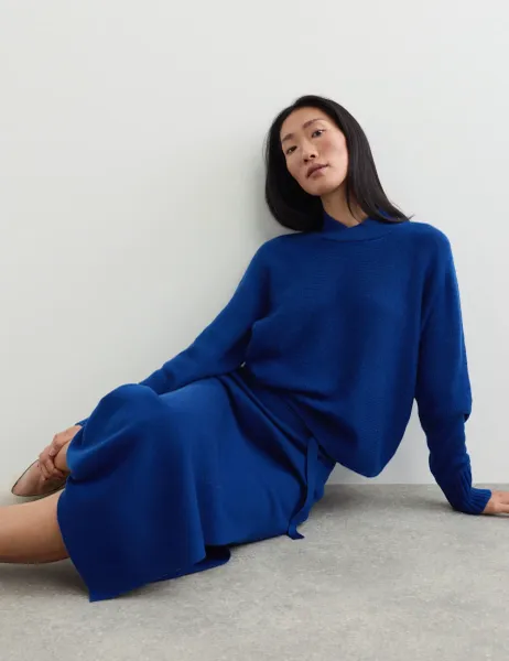 Jaeger Pure Merino Wool Funnel Neck Batwing Sleeve Jumper Blue