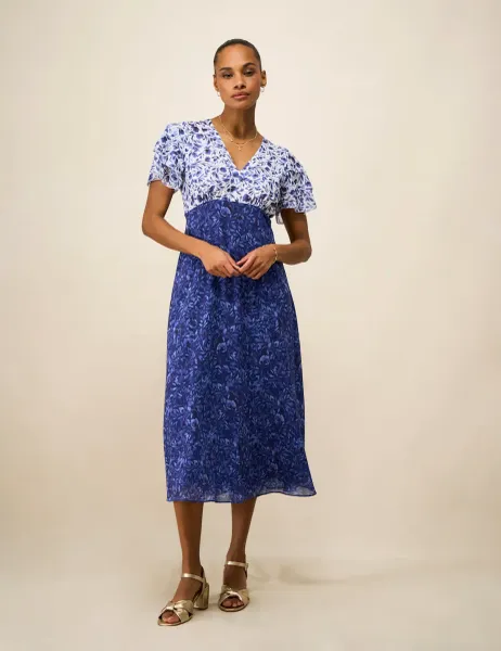 Crew Clothing Geometric V-Neck Midi Tea Dress Blue Mix