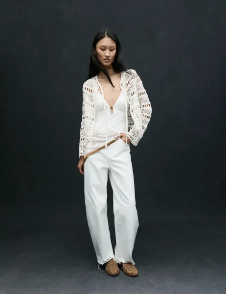 Pure Cotton Tie Fastening Cropped Cardigan Vanilla