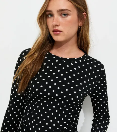 Women's Black Polka Dot Ruched Textured Long Sleeve Top
