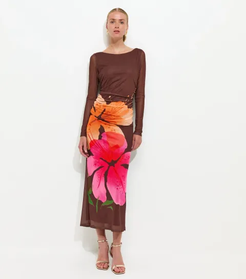 Women's Brown Orchid Mesh Long Sleeve Midi Dress
