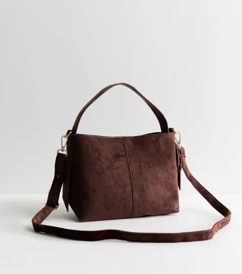 Dark Brown Faux Suede Buckle Detail Shoulder Bag