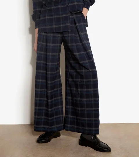 Women's Navy Checked Wide Leg Trousers