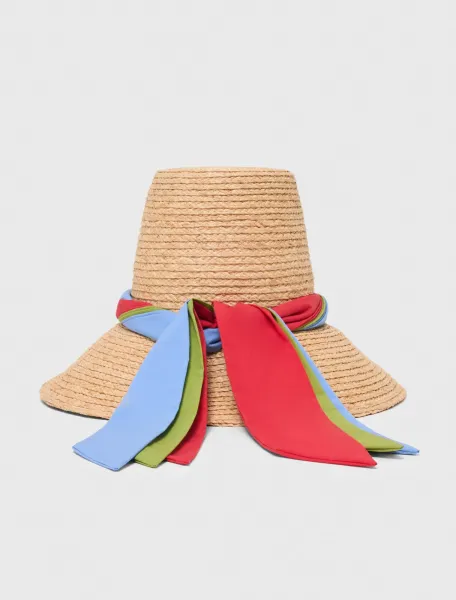 Raffia hat with printed ribbon