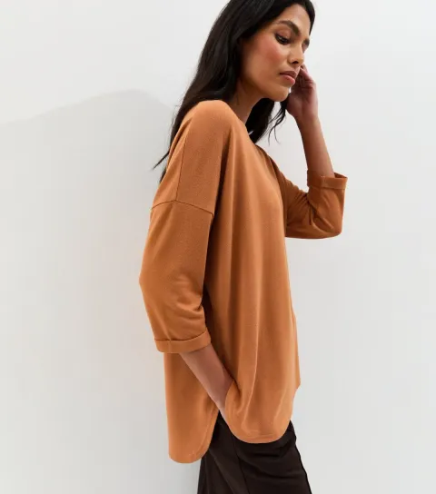 Women's Tan Soft Touch Slouchy Cropped Sleeve T-Shirt